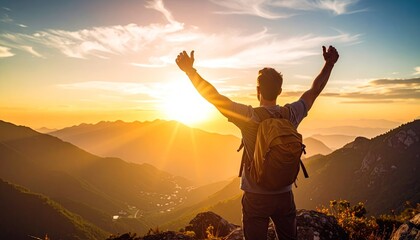 Man Celebrating Success with Arms Raised on Mountain Ridge during Sunset with Backpack and Golden Sunlight