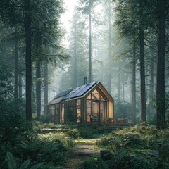 Cozy cabin nestled in a misty forest