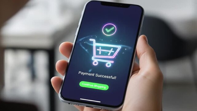 Successful Online Payment on Smartphone with Glowing Shopping Cart Confirmation, convenient mobile