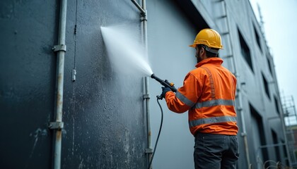 Worker in orange safety jacket, helmet pressure washes building facade. High-pressure water jet cleans exterior wall. Sunlight illuminates task. Pro cleaning service, building maintenance activity.