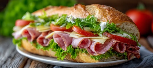 Delicious Hearty Submarine Sandwich Loaded with Deli Meats, Cheese, Fresh Lettuce, and Juicy Tomato