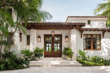 Fototapeta premium The captivating entrance of this tropical house features vibrant greenery and sophisticated wooden doors that beautifully highlight the essence of tranquil outdoor living