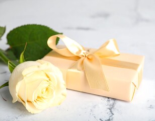 A delicate pale yellow rose next to a light beige gift box