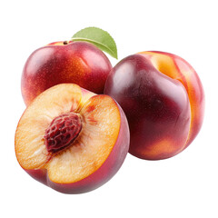 Close-up of three fresh plums, one halved, vibrant colors