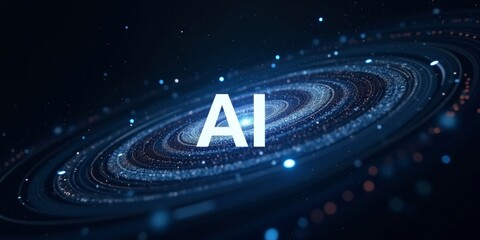 Text ai with galaxy spiral background. Artificial intelligence concept. Data science network. Digital mind connecting information.