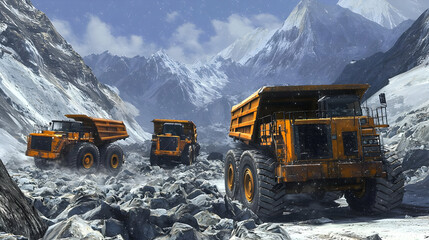 Massive orange mining trucks navigate a snowy mountain pass, hauling rocks