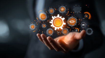 Business innovation and technology concept with gears and artificial intelligence