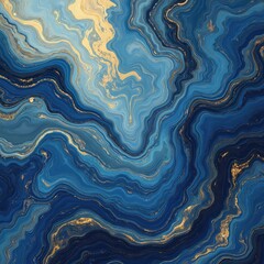 Fototapeta premium Abstract illustration features fluid marble pattern with swirls of deep blue, vibrant gold. Dynamic liquid design flowing movement, energetic textures, perfect for decorative backgrounds, modern