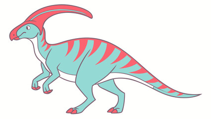 Fototapeta premium Cute cartoon parasaurolophus dinosaur with a distinctive crest and coral stripes on a white background
