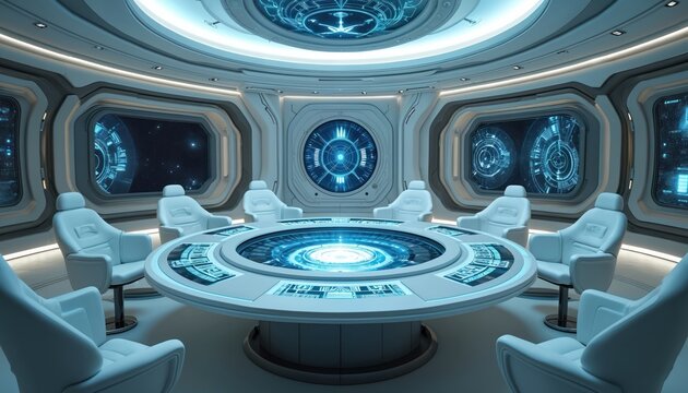 Futuristic spaceship bridge interior features clean, white circular room with holographic display table. Seven comfortable chairs surround central console, offering modern command center for space - Powered by Adobe
