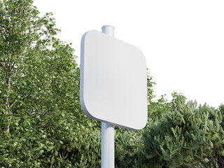 White Blank Rounded Square Sign on a Pile Mockup 3D Rendering with Trees in the Background