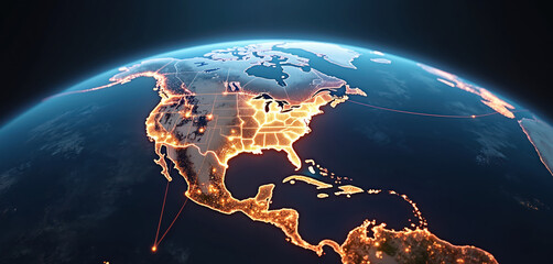 Global air routes network glows on Earth from space, focusing on North America continent. Digital connections highlight transport, travel, technology. Futuristic concept of global logistics,