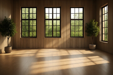 Fototapeta premium Green trees visible through large windows interior