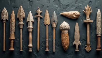 Collection of prehistoric stone tools, weapons, including spears, arrowheads, axes, displayed on textured dark background. Artifacts showcase ancient craftsmanship, primitive technology, offering