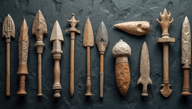 Collection of prehistoric stone tools, weapons, including spears, arrowheads, axes, displayed on textured dark background. Artifacts showcase ancient craftsmanship, primitive technology, offering