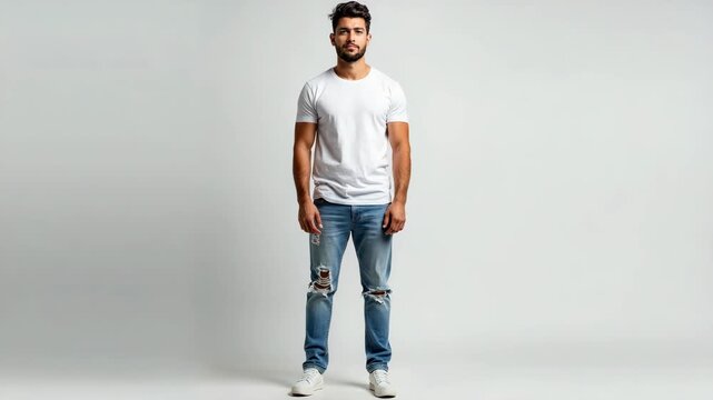 Full-body shot of an athletic attractive bearded young male in ripped light blue jeans and blank white short sleeve t-shirt near white studio background.