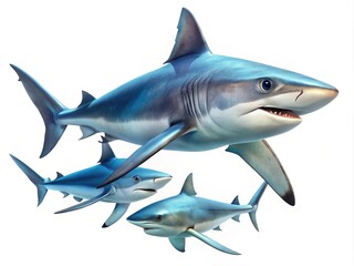 Fototapeta premium Three blue sharks swimming upwards on a clean white background digitally rendered