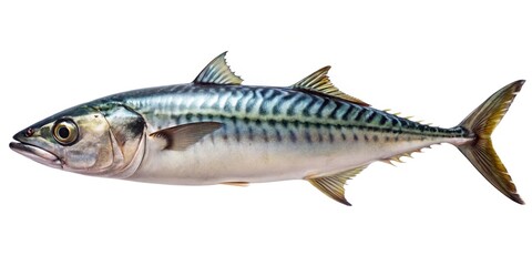 Fototapeta premium Atlantic mackerel fish with iridescent skin and striking stripes isolated against white background