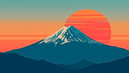 Stylized Mountain Peak Silhouette Against a Radiant Retro Horizon Illustration - Serene Nature Landscape Digital Art