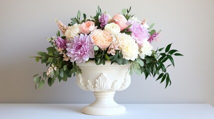 Naklejka premium Urn floral centerpiece with trailing vines and soft pastel petals