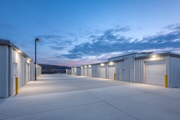Modern storage units offering secure personal space under the twilight sky with long row and