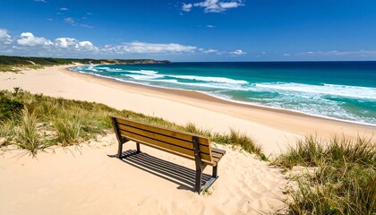 Tranquil beach scene with wooden bench overlooking ocean waves and dunes