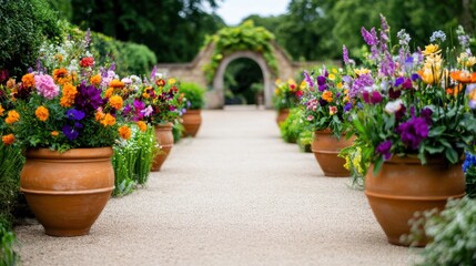 Naklejka premium Vibrant garden display of terracotta pots filled with mixed seasonal flowers