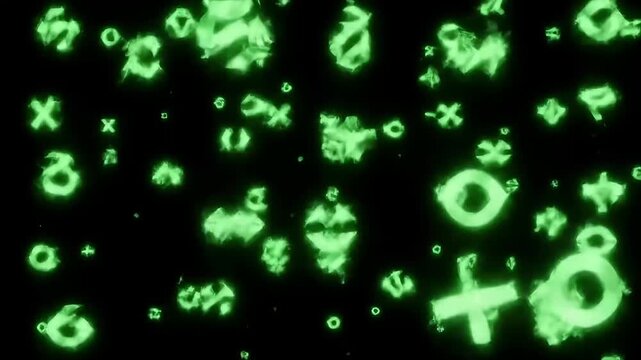 Glowing green symbols float in dark space; digital background; abstract art