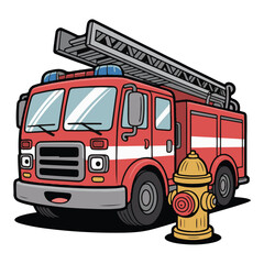 Red fire truck vector illustration: an emergency rescue vehicle with a ladder, siren, and safety features isolated on white