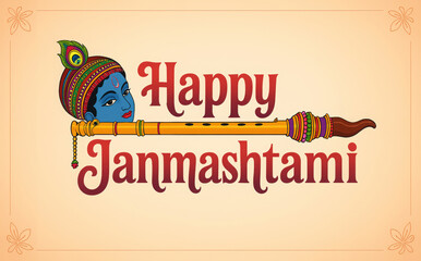 Krishna flute and face festive greeting Janmashtami