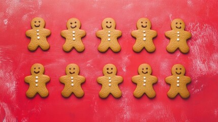 Obraz premium Gingerbread cookies arranged in a row on a vibrant red background, showcasing cheerful faces and decorative icing, perfect for festive celebrations and holiday baking
