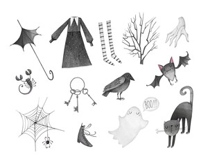 A set of hand-drawn Halloween illustrations. Black dress, umbrella, stockings, raven, bat, ghost, scorpion, thing.
