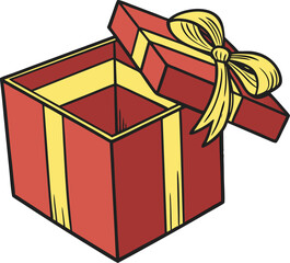 Red gift box illustration with gold ribbon and bow for Christmas or birthday celebration