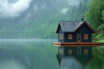 Fototapeta premium Serene cabin floats on calm water, mist hugs the green forest background. Ideal for travel, architecture, or nature themed presentations or designs.