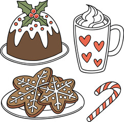 A delicious set of sweet Christmas cookie and dessert icons featuring chocolate, cake, and candy for your holiday design
