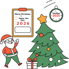 A delightful vector illustration set of Christmas icons, featuring Santa Claus, a festive tree, snowman, and holiday gifts for a joyful winter celebration