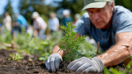 Diverse group of volunteers planting tree saplings together in a sunny green park, promoting environmental conservation, sustainability, and community-driven ecological respon,eco volunteers, green