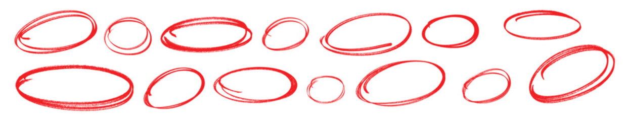 Red pen drawn marks, red circle set, highlight circle. Charcoal pen round ovals. Set of doodle ellipses. Scribble ovals, marker round elements isolated on a white background.	
