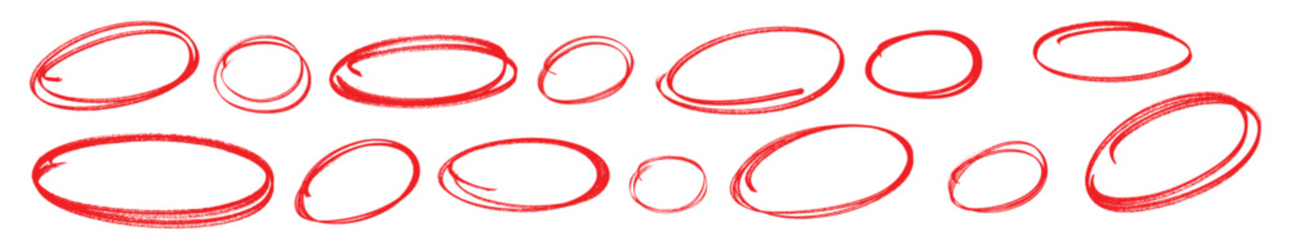 Red pen drawn marks, red circle set, highlight circle. Charcoal pen round ovals. Set of doodle ellipses. Scribble ovals, marker round elements isolated on a white background.	
