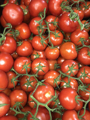  Fresh red tomatoes on the vine, tightly packed together. A vibrant and healthy display of ripe tomatoes, perfect for culinary or grocery-themed content.