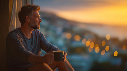 A man enjoying coffee on a windowsill during sunset contemplation