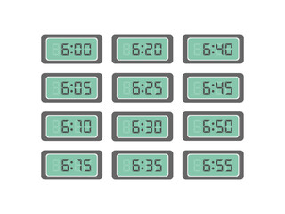 デジタル数字　6時〜6時55分　時計　イラストセット
