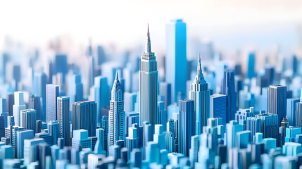 A stylized, detailed cityscape of skyscrapers.  Modern, abstract, and geometrically precise.  Cool blue hues dominate the image, creating a sense of distance