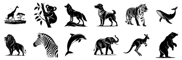 set of silhouettes of flowers