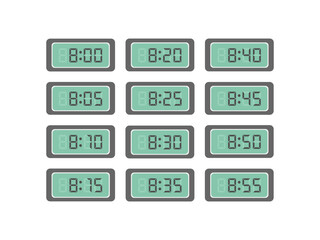 デジタル数字　8時〜8時55分　時計　イラストセット