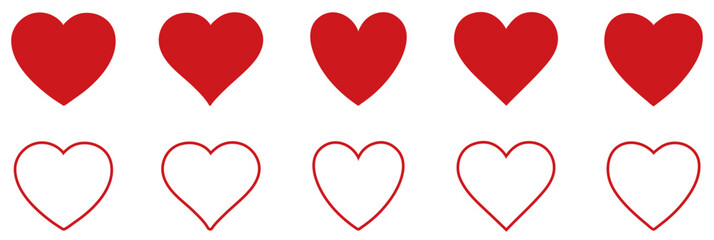 Red heart icons set vector on white background. Heart vector graphic love symbol valentine design. Simple hearts isolated on white background. Collection of graphic heart outlines