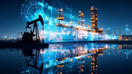 The future of the oil industry: digital transformation with technology and data. A 4K video showing an energy refinery with a futuristic HUD interface - Powered by Adobe