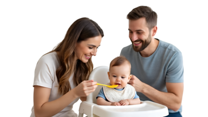 Cheerful Young Parents Lifting Baby Together Isolated on White