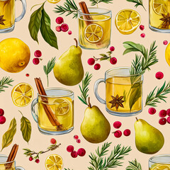 Cozy Autumn Drinks and Fruits Watercolor Pattern