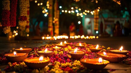 Sacred space illuminated with Diwali lights in perfect harmony, , creating a peaceful and spiritual atmosphere, symbolizing harmony, devotion, and celebration of light during the Diwali festival